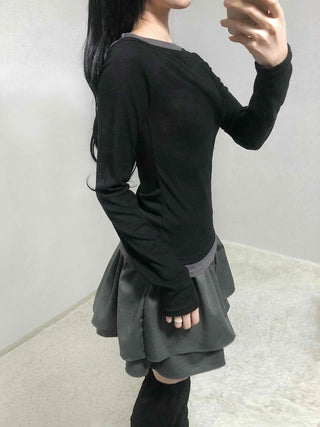 Color Block Boat Neck Slim Fit Long Sleeve T-shirt