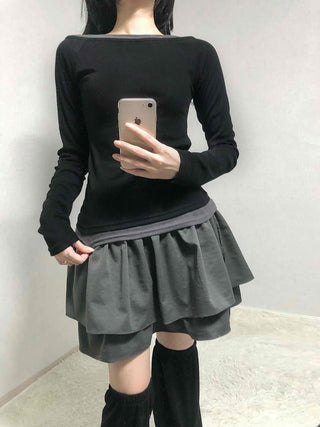 Color Block Boat Neck Slim Fit Long Sleeve T-shirt