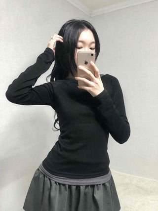 Color Block Boat Neck Slim Fit Long Sleeve T-shirt