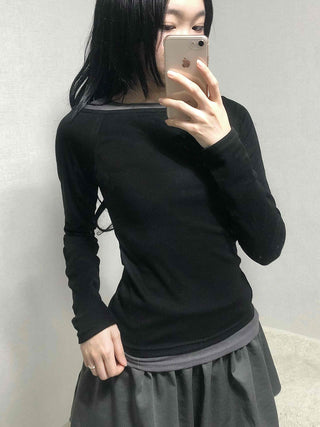 Color Block Boat Neck Slim Fit Long Sleeve T-shirt