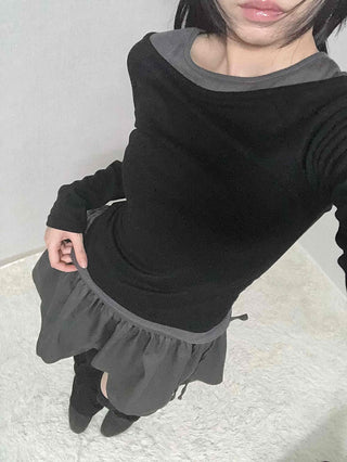 Color Block Boat Neck Slim Fit Long Sleeve T-shirt