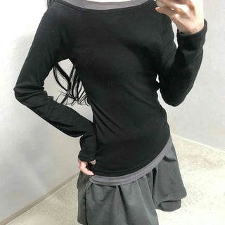 Color Block Boat Neck Slim Fit Long Sleeve T-shirt