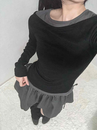 Color Block Boat Neck Slim Fit Long Sleeve T-shirt