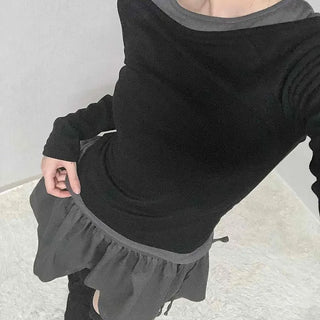 Color Block Boat Neck Slim Fit Long Sleeve T-shirt
