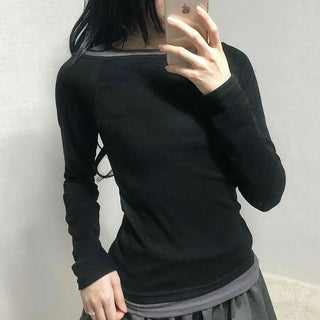 Color Block Boat Neck Slim Fit Long Sleeve T-shirt