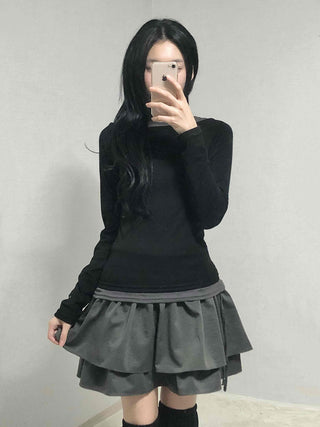 Color Block Boat Neck Slim Fit Long Sleeve T-shirt