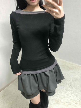 Color Block Boat Neck Slim Fit Long Sleeve T-shirt