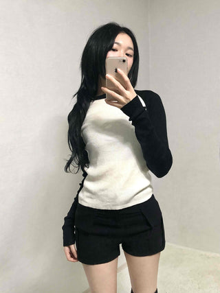 Ribbed Raglan Slim Fit Colorblock Round Knit