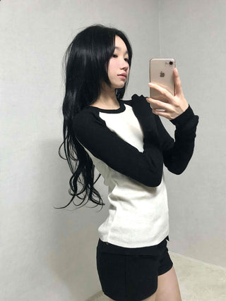 Ribbed Raglan Slim Fit Colorblock Round Knit