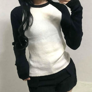 Ribbed Raglan Slim Fit Colorblock Round Knit