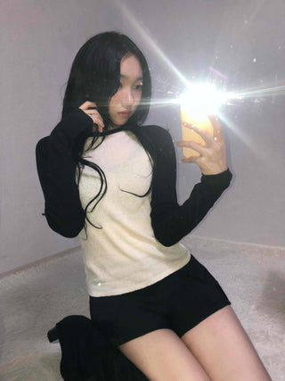 Ribbed Raglan Slim Fit Colorblock Round Knit