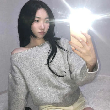 Soft Melange Off-Shoulder Loose Fit Knit