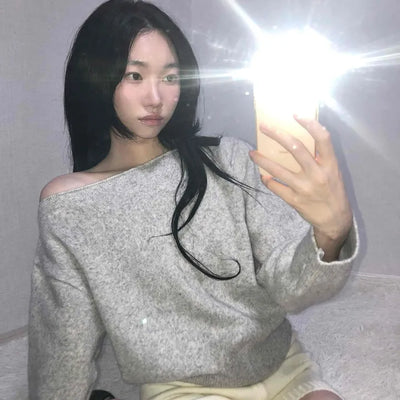Soft Melange Off-Shoulder Loose Fit Knit
