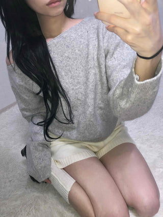 Soft Melange Off-Shoulder Loose Fit Knit