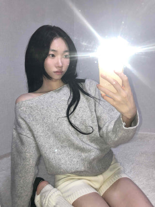 Soft Melange Off-Shoulder Loose Fit Knit