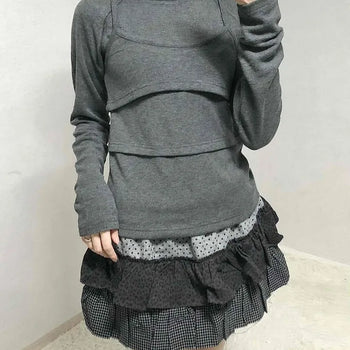 Basic Long Sleeve Tee with Layered Lace Hem