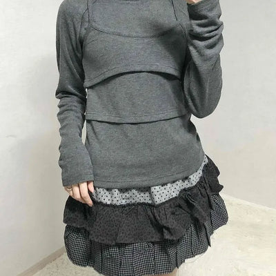 Basic Long Sleeve Tee with Layered Lace Hem