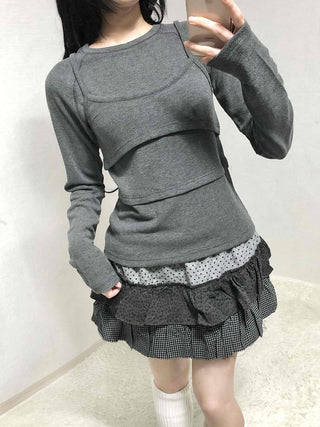 Basic Long Sleeve Tee with Layered Lace Hem