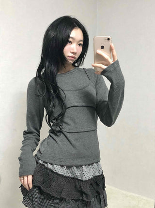 Basic Long Sleeve Tee with Layered Lace Hem