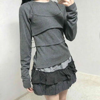 Basic Long Sleeve Tee with Layered Lace Hem