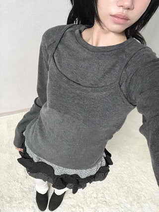 Basic Long Sleeve Tee with Layered Lace Hem