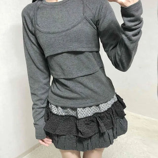 Basic Long Sleeve Tee with Layered Lace Hem