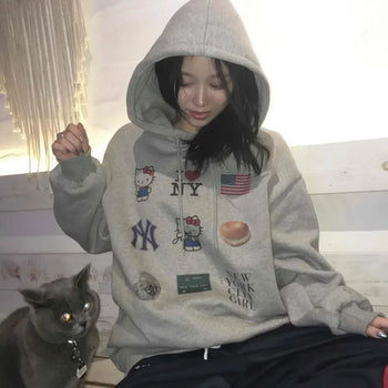 Vintage Mix Sticker Patch Boxy Fit Fleece Hoodie