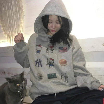 Vintage Mix Sticker Patch Boxy Fit Fleece Hoodie