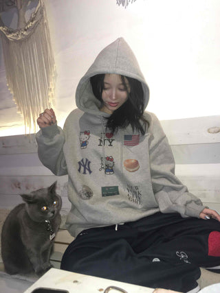 Vintage Mix Sticker Patch Boxy Fit Fleece Hoodie