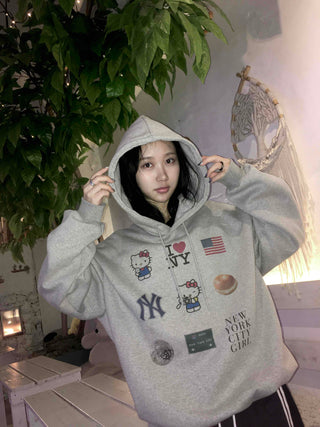 Vintage Mix Sticker Patch Boxy Fit Fleece Hoodie