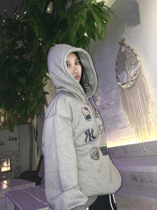 Vintage Mix Sticker Patch Boxy Fit Fleece Hoodie
