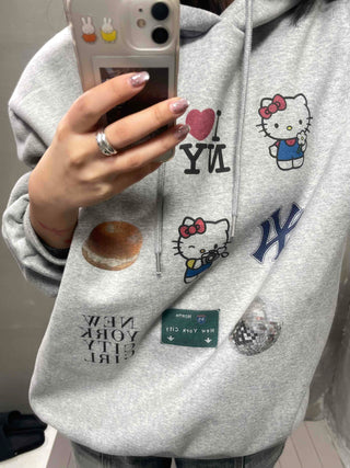 Vintage Mix Sticker Patch Boxy Fit Fleece Hoodie