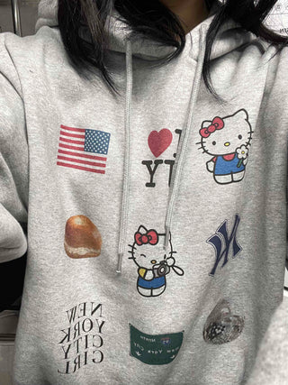 Vintage Mix Sticker Patch Boxy Fit Fleece Hoodie