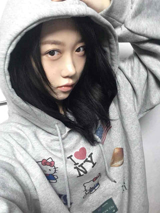 Vintage Mix Sticker Patch Boxy Fit Fleece Hoodie