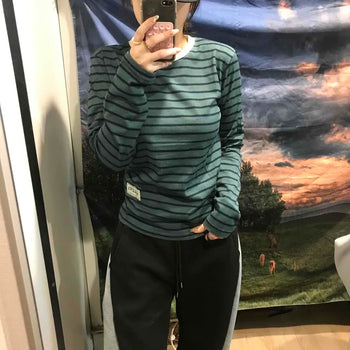 Vintage Striped Round Long Sleeve T-shirt