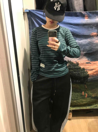 Vintage Striped Round Long Sleeve T-shirt