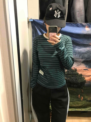 Vintage Striped Round Long Sleeve T-shirt