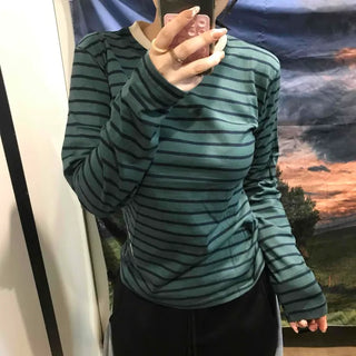 Vintage Striped Round Long Sleeve T-shirt