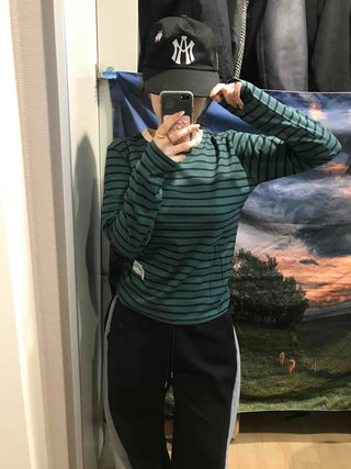 Vintage Striped Round Long Sleeve T-shirt