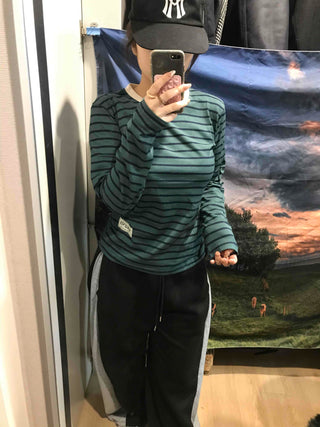 Vintage Striped Round Long Sleeve T-shirt