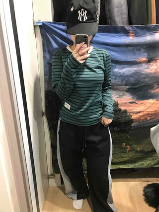 Vintage Striped Round Long Sleeve T-shirt