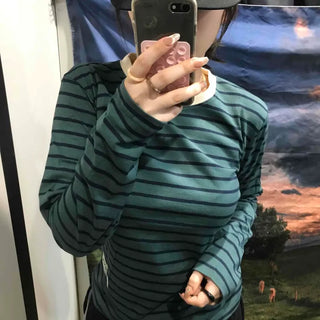 Vintage Striped Round Long Sleeve T-shirt