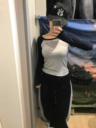 Color Block Raglan Crop Long Sleeve Tee