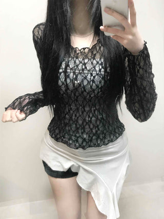 Dark Crochet Net All-Lace Slim Crop Long Sleeve Tee