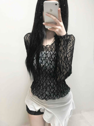 Dark Crochet Net All-Lace Slim Crop Long Sleeve Tee