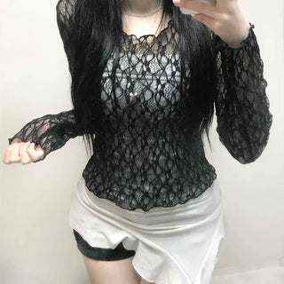 Dark Crochet Net All-Lace Slim Crop Long Sleeve Tee