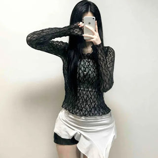 Dark Crochet Net All-Lace Slim Crop Long Sleeve Tee