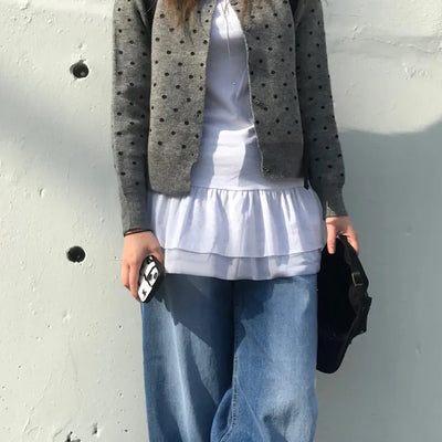 Mijoo Dot Round Neck Knit Cardigan