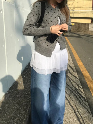 Mijoo Dot Round Neck Knit Cardigan