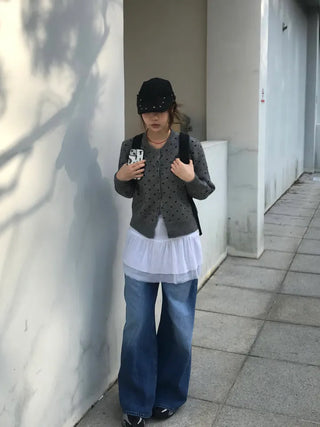 Mijoo Dot Round Neck Knit Cardigan